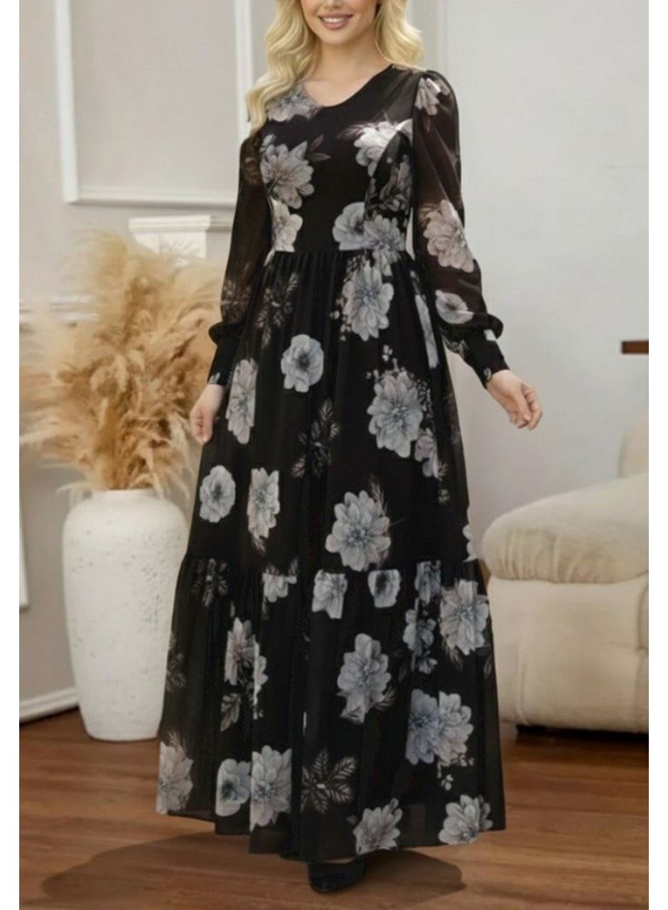 Kadın Uzun Kollu V Yakalı çiçek Desenli Maxi Süprem Elbise