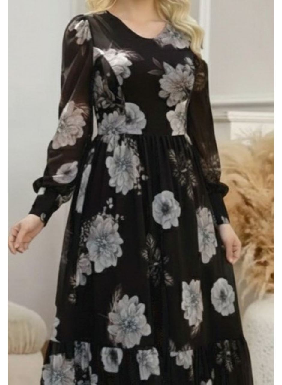 Kadın Uzun Kollu V Yakalı çiçek Desenli Maxi Süprem Elbise