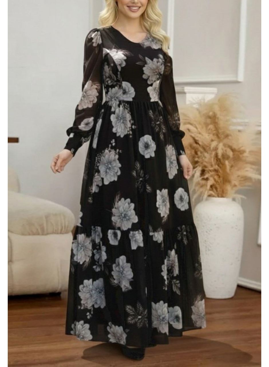 Kadın Uzun Kollu V Yakalı çiçek Desenli Maxi Süprem Elbise