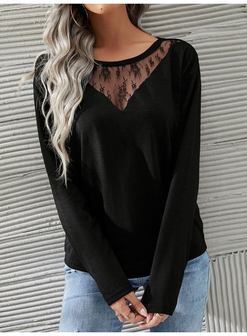 Kadın Uzun Kollu Geniş Yuvarlak Yaka Dantelli Viskon Iki Iplik Bluz
