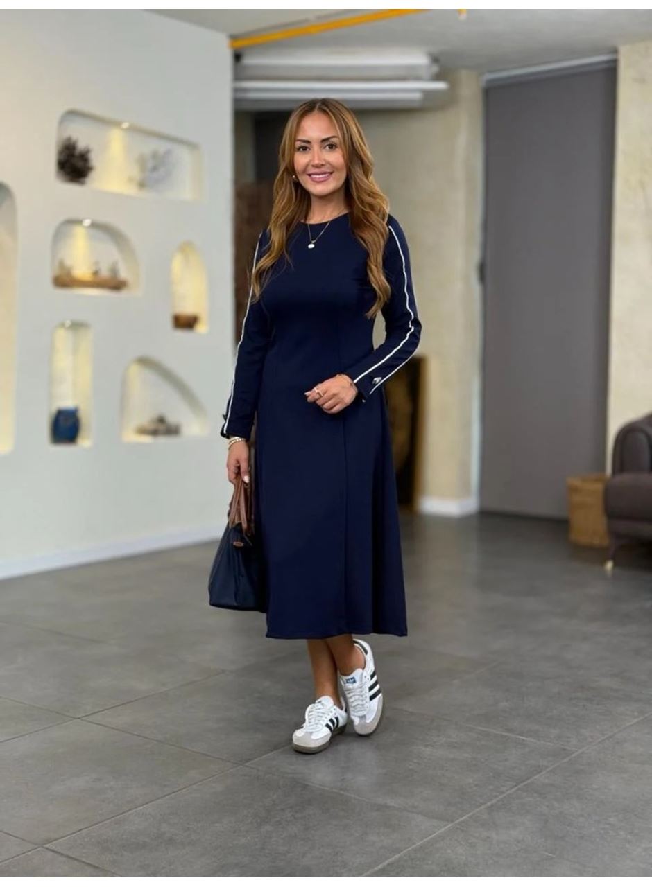 Kadın Uzun Kollu Bisiklet Yaka Midi Modal Elbise