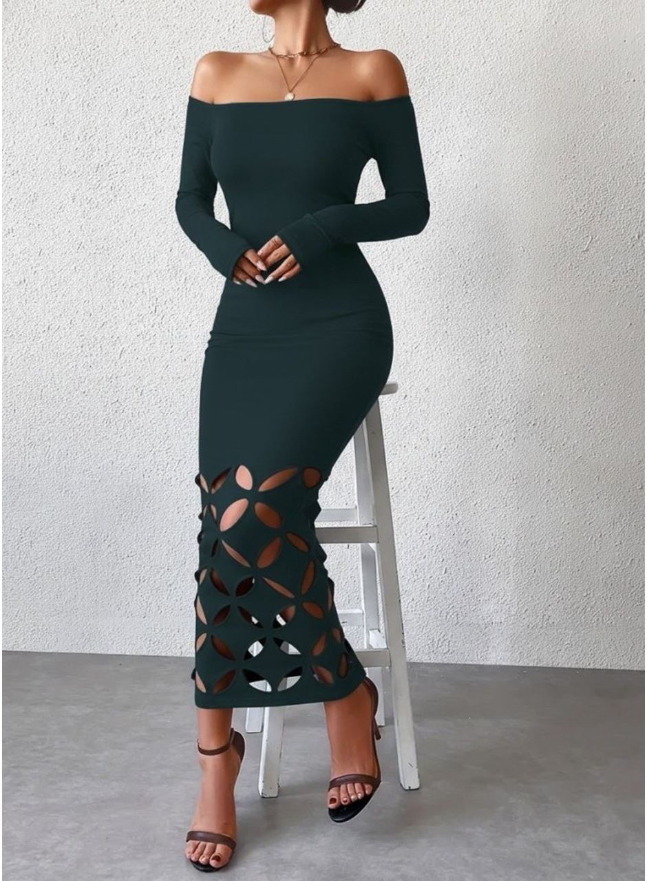 Kadın Madonna Yaka Uzun Kollu Lazer çiçek Kesim Detaylı Uzun Ithal Krep Elbise
