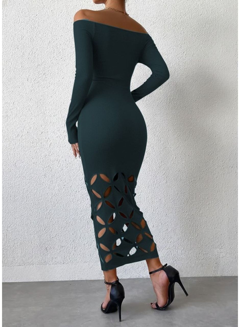 Kadın Madonna Yaka Uzun Kollu Lazer çiçek Kesim Detaylı Uzun Ithal Krep Elbise