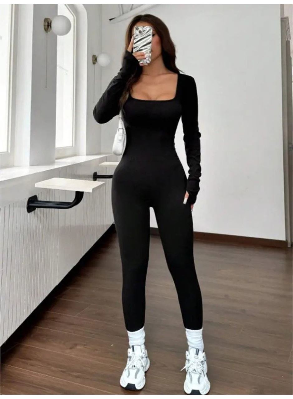 Kadın Uzun Kollu Kare Yakalı Fermuarlı Parmaktan Geçmeli Dalgıç Tulum