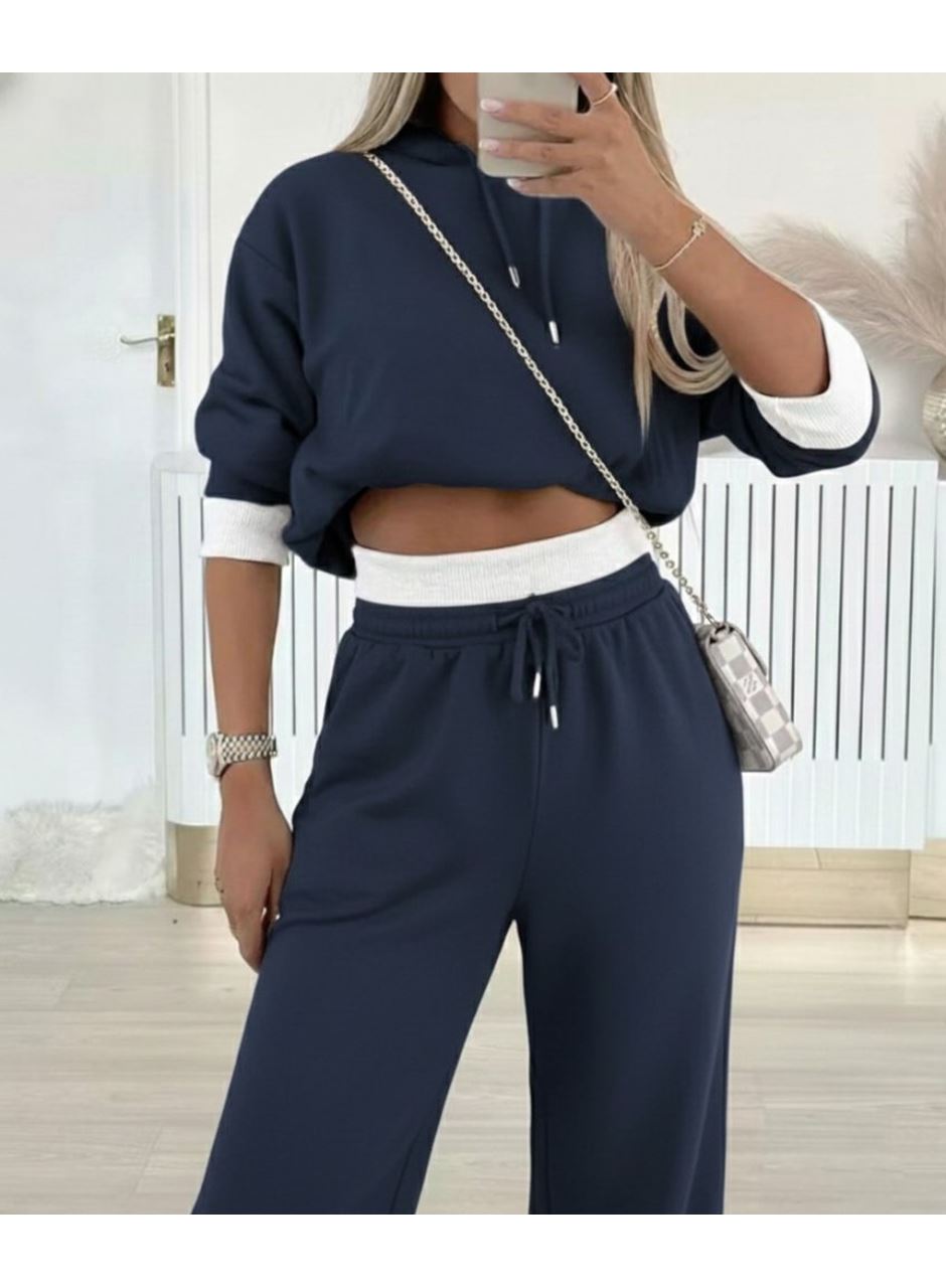 Kadın Uzun Kollu Kapşonlu Viskon Iki Iplik Füme Bluz Ve Pantolon Ikili Takım