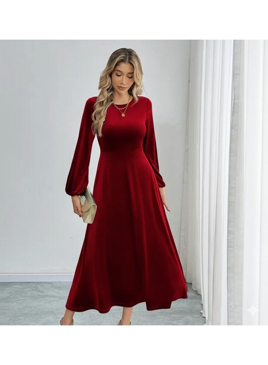Kadın Uzun Kollu Bisiklet Yaka Midi Kadife Elbise