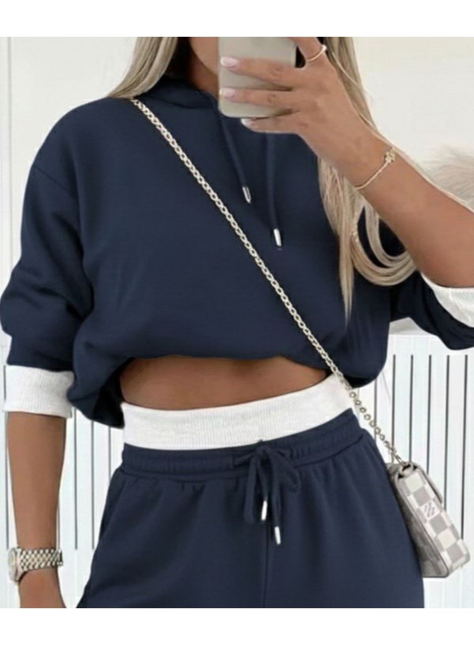 Kadın Uzun Kollu Kapşonlu Viskon Iki Iplik Füme Bluz Ve Pantolon Ikili Takım