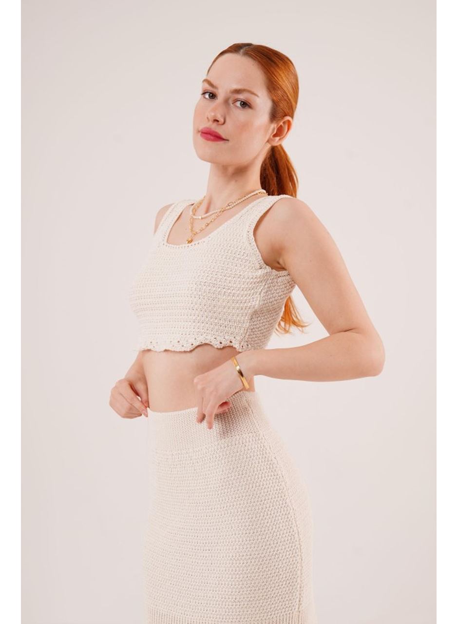 Örme Detaylı Etek Ve Bluz Krem Takım