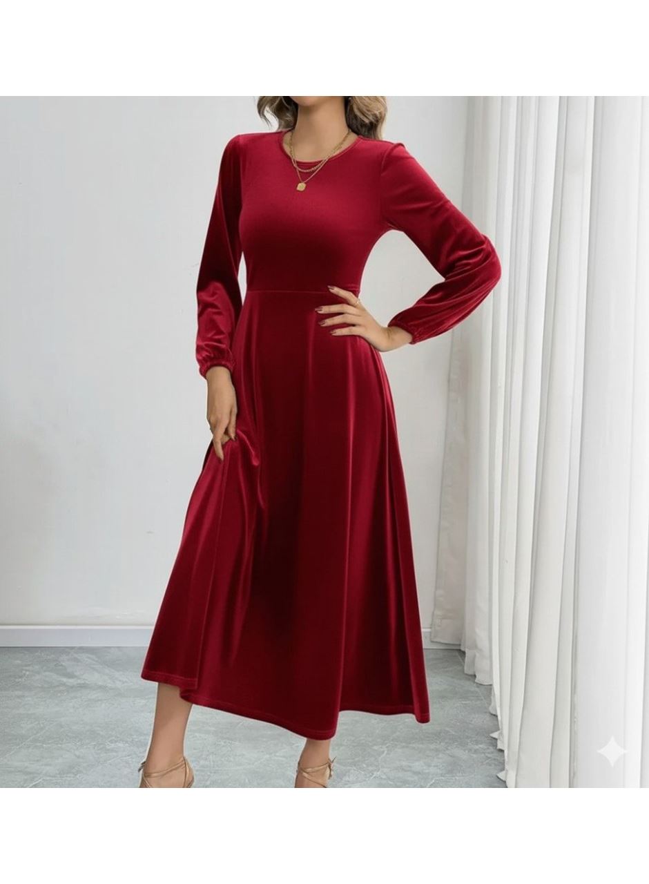 Kadın Uzun Kollu Bisiklet Yaka Midi Kadife Elbise