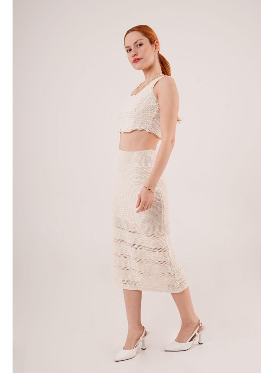 Örme Detaylı Etek Ve Bluz Krem Takım