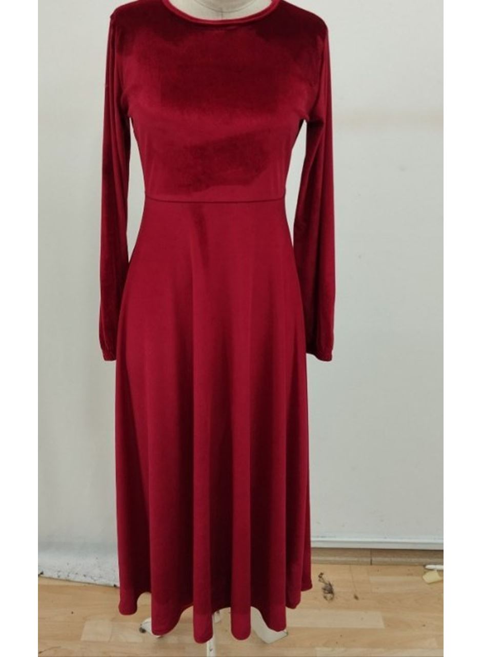 Kadın Uzun Kollu Bisiklet Yaka Midi Kadife Elbise