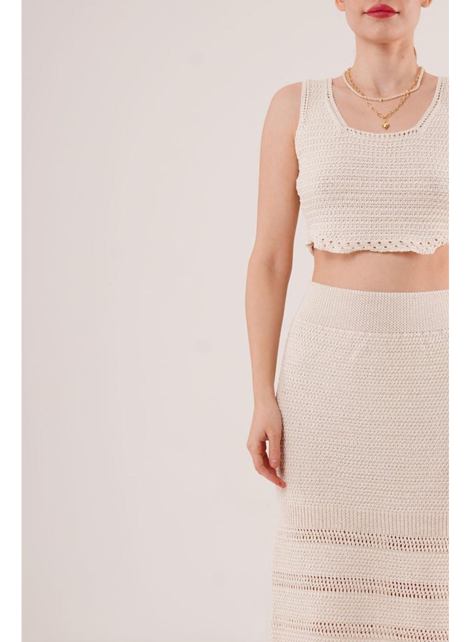 Örme Detaylı Etek Ve Bluz Krem Takım