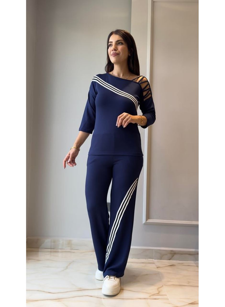 Kadın Uzun Kollu Truvakar Kol Tek Omuz çapraz şerit Detaylı Ribanalı Viskon Iki Iplik Bluz Ve Pantolon Ikili Takım