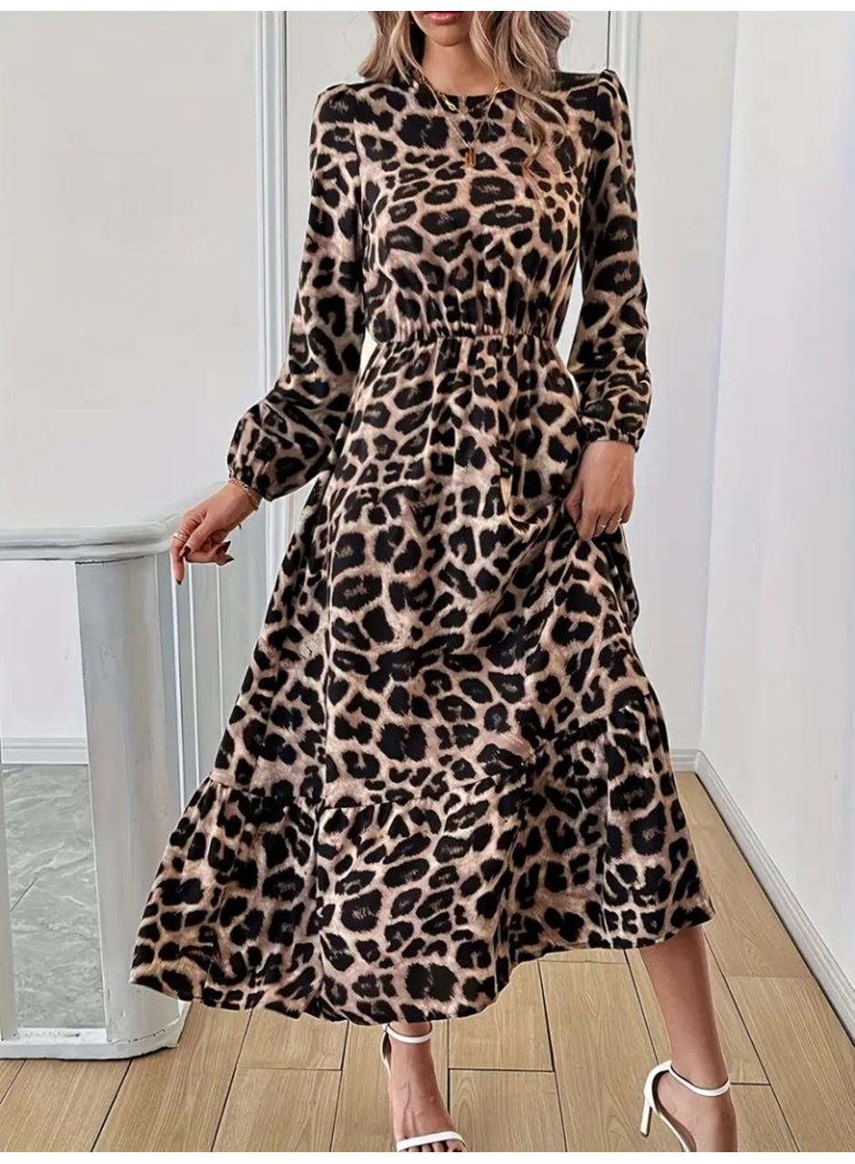 Uzun Kollu Bisiklet Yaka Leopar Desenli Midi Süprem Elbise