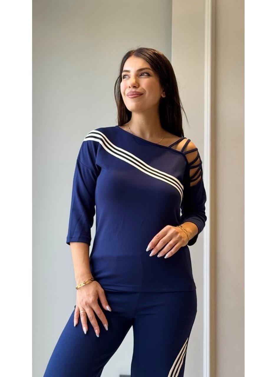 Kadın Uzun Kollu Truvakar Kol Tek Omuz çapraz şerit Detaylı Ribanalı Viskon Iki Iplik Bluz Ve Pantolon Ikili Takım