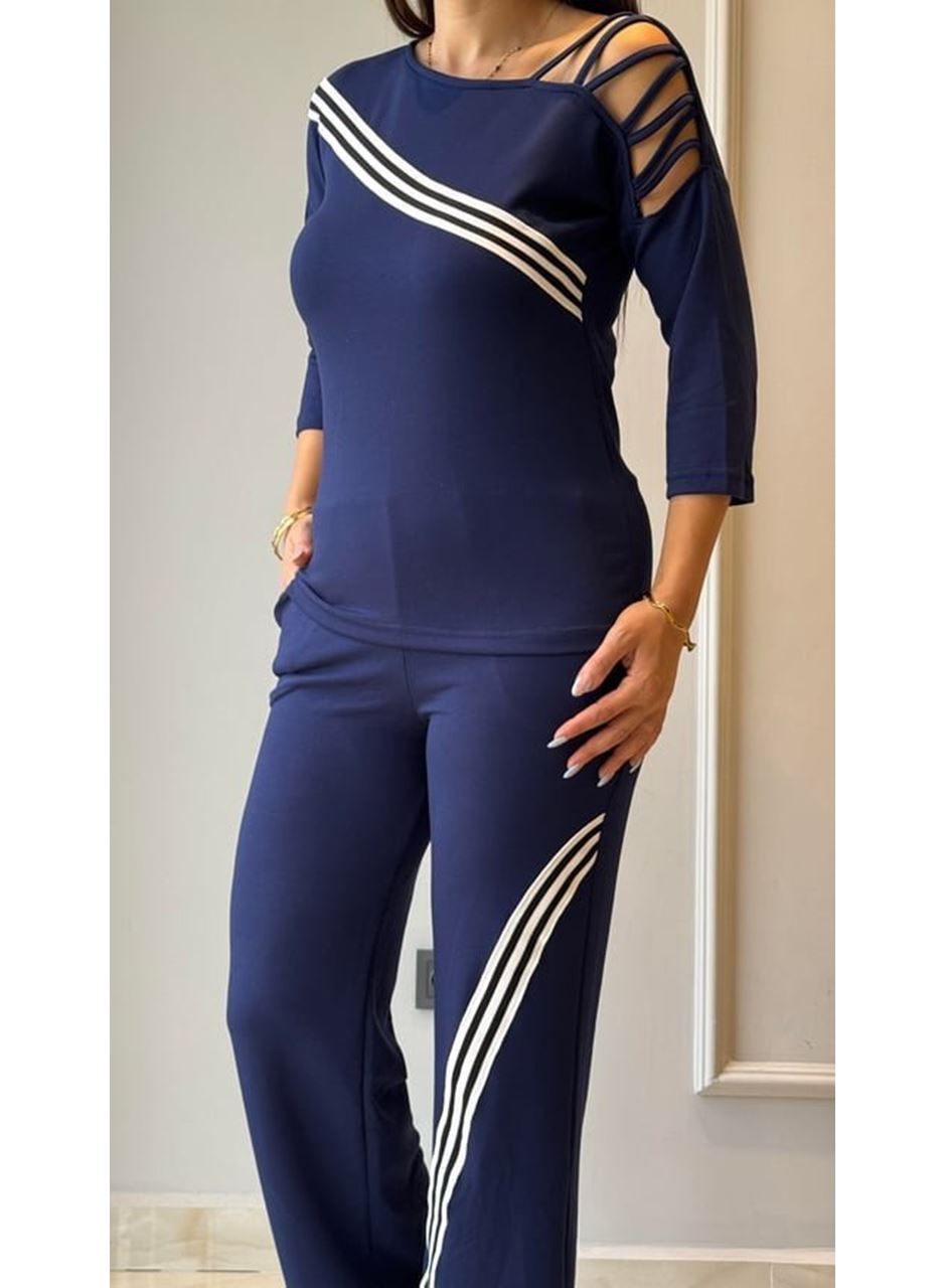 Kadın Uzun Kollu Truvakar Kol Tek Omuz çapraz şerit Detaylı Ribanalı Viskon Iki Iplik Bluz Ve Pantolon Ikili Takım
