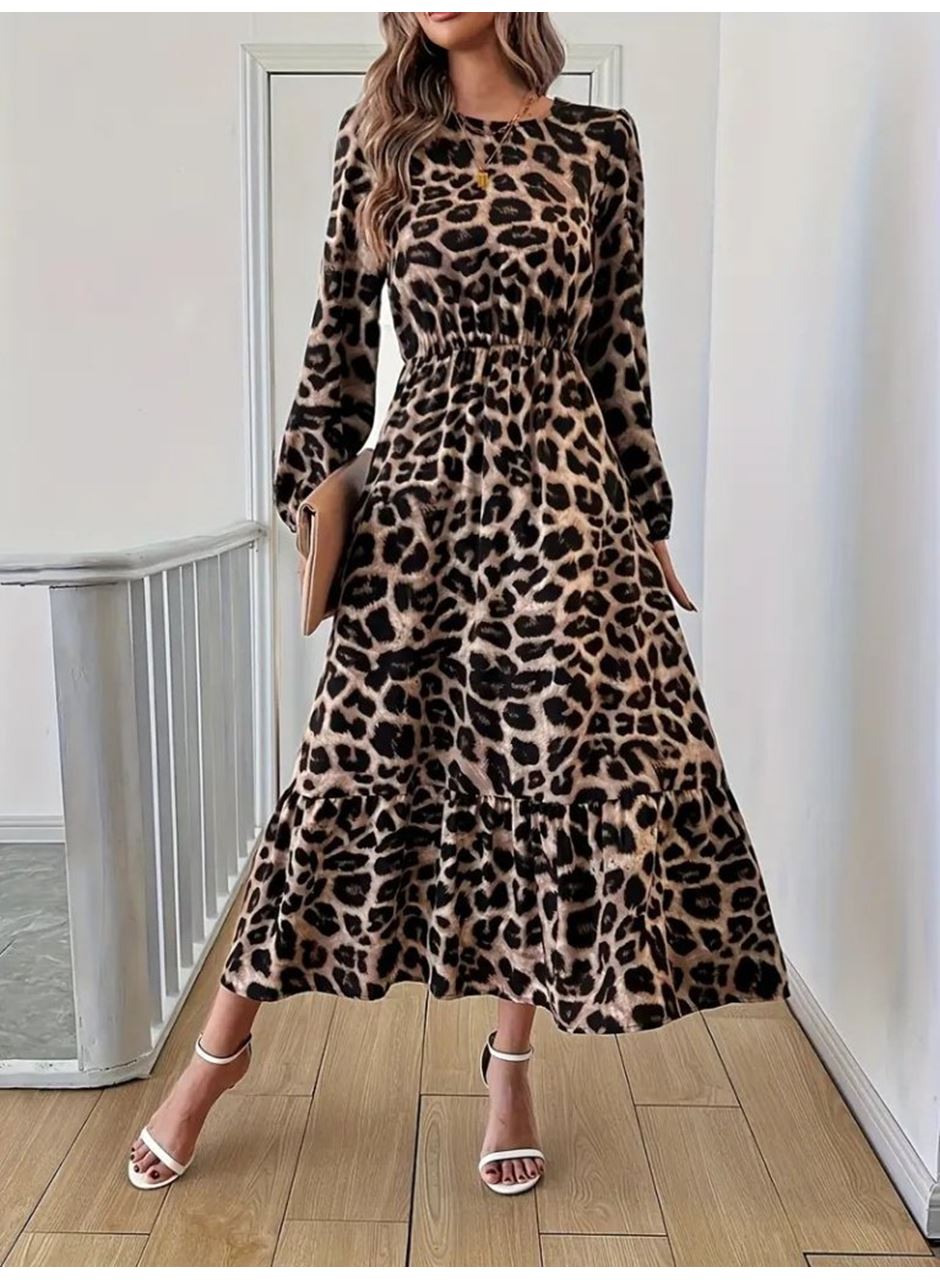 Uzun Kollu Bisiklet Yaka Leopar Desenli Midi Süprem Elbise