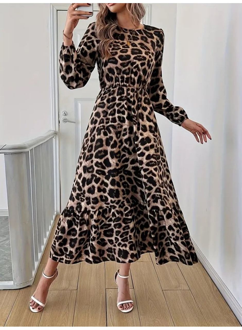 Uzun Kollu Bisiklet Yaka Leopar Desenli Midi Süprem Elbise