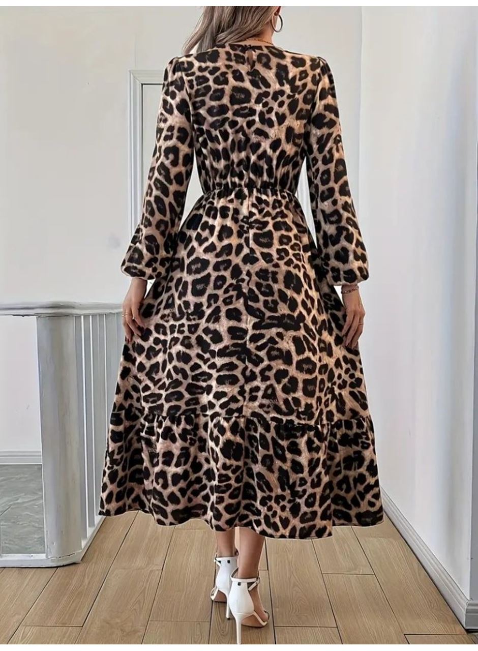 Uzun Kollu Bisiklet Yaka Leopar Desenli Midi Süprem Elbise