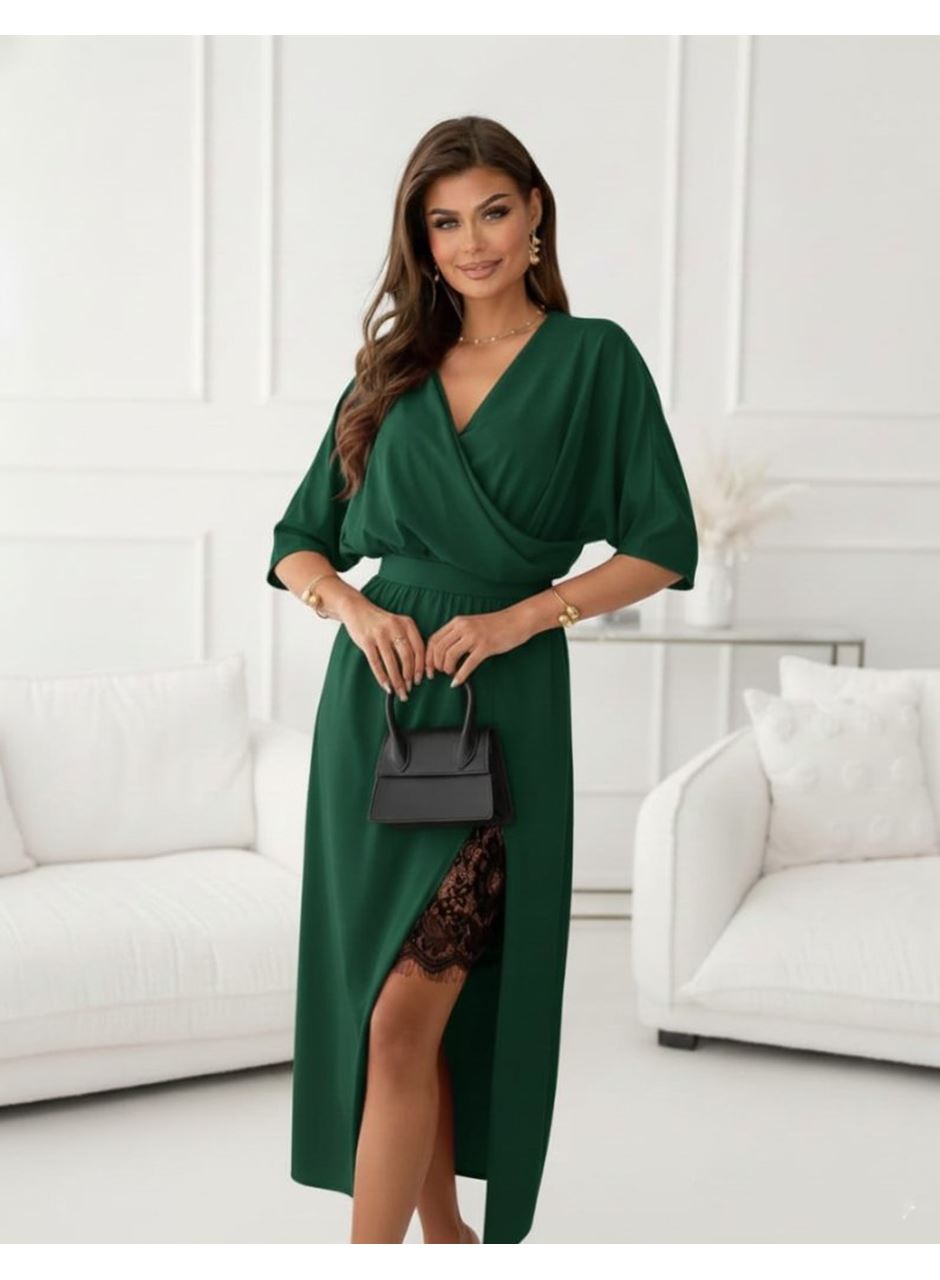 Kadın Uzun Kollu Kruvaze Yakalı Yandan Dantelli Midi Ithal Krep Elbise