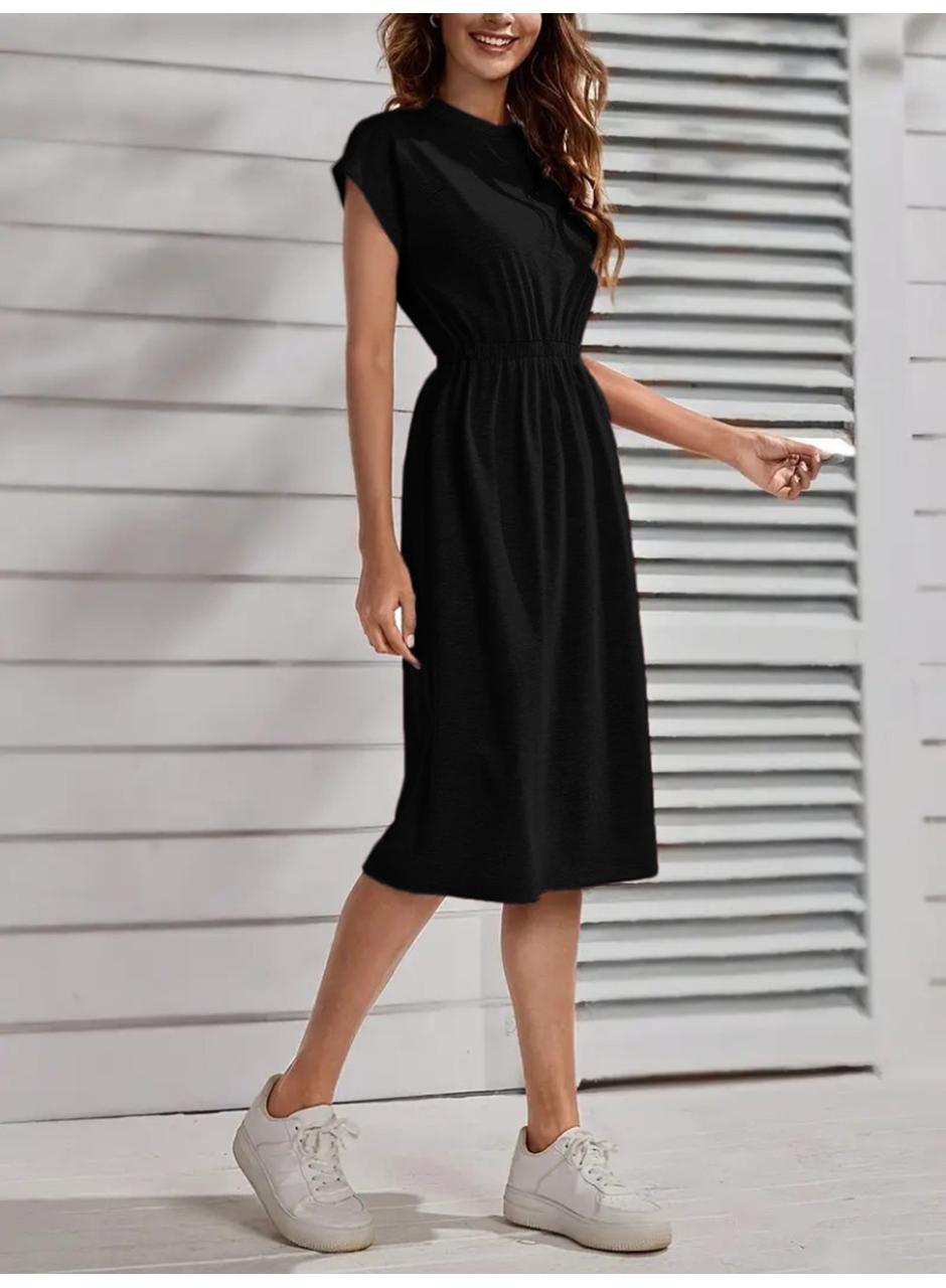 Kadın Kısa Kollu Bisiklet Yaka Belden Lastikli Midi Viskon Elbise