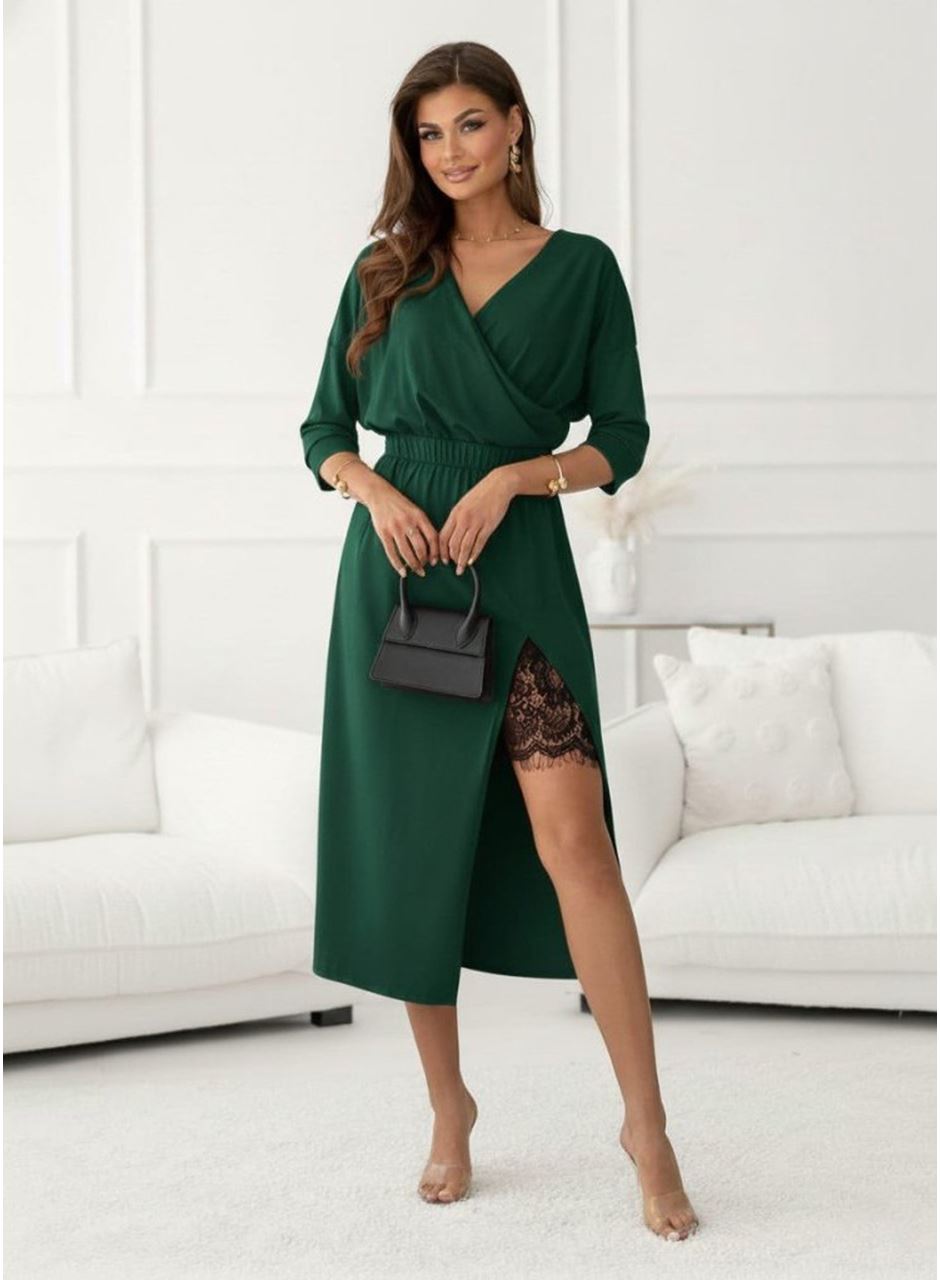 Kadın Uzun Kollu Kruvaze Yakalı Yandan Dantelli Midi Ithal Krep Elbise