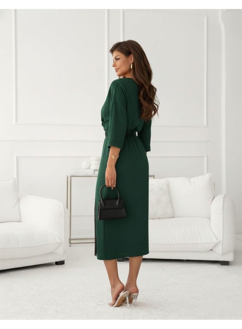 Kadın Uzun Kollu Kruvaze Yakalı Yandan Dantelli Midi Ithal Krep Elbise