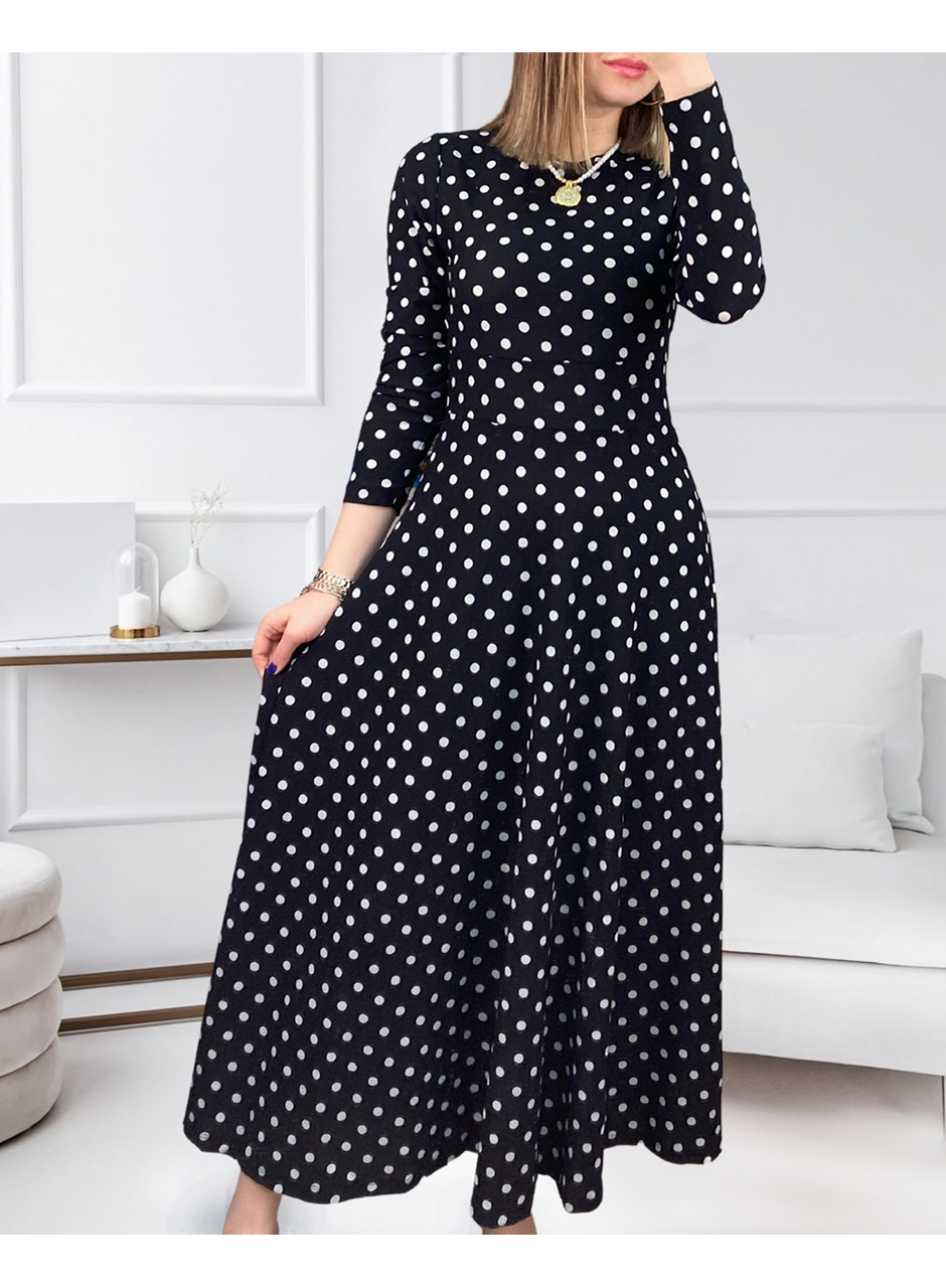Kadın Krep Kumaş Uzun Kollu Tam Boy Puantiyeli Elbise 132 Cm