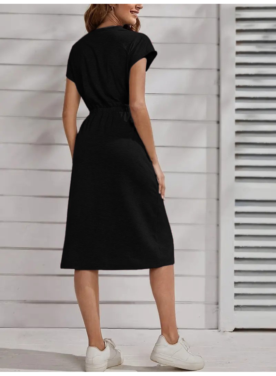 Kadın Kısa Kollu Bisiklet Yaka Belden Lastikli Midi Viskon Elbise