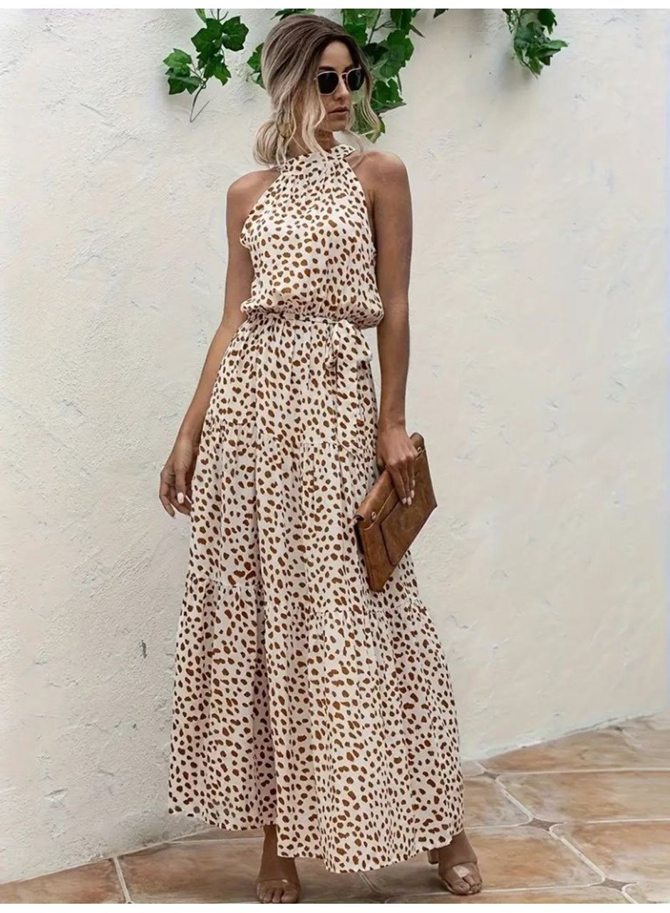 Kadın Daire Yakalı Beli Lastikli Desenli Süprem Elbise