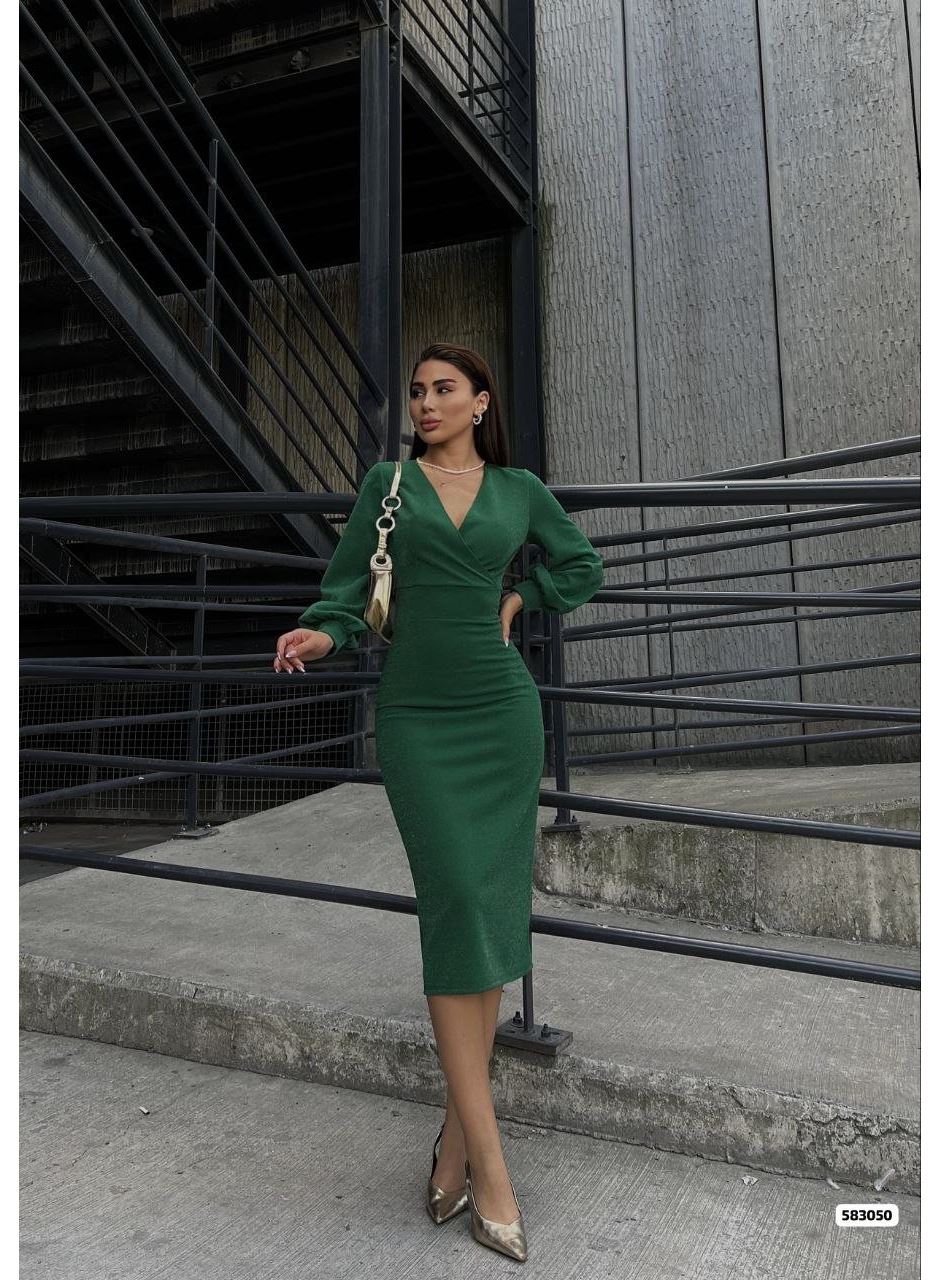 Kadın Kruvaze Yaka Balon Kol Simli Krep Kumaş Midi Boy Elbise