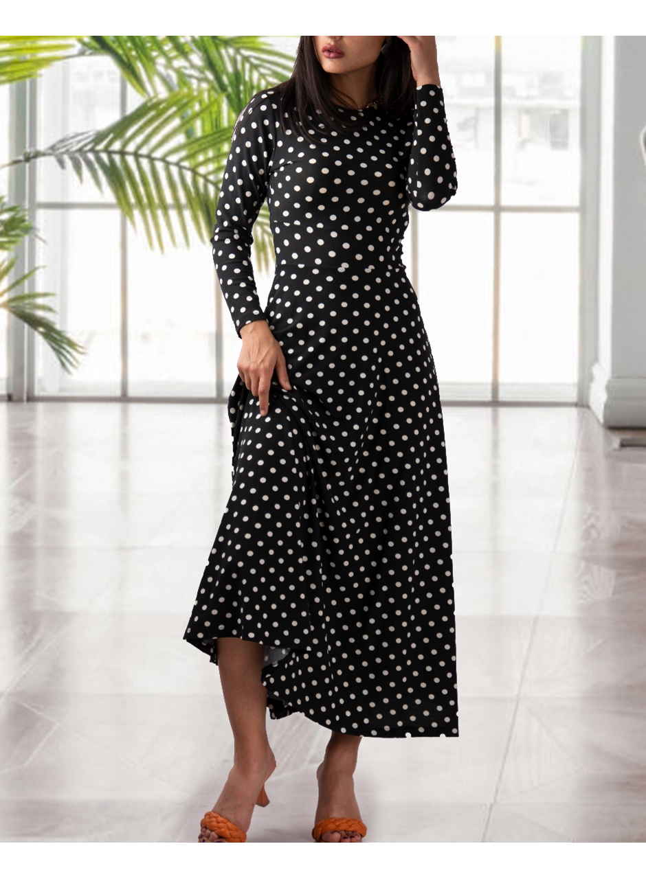 Kadın Krep Kumaş Uzun Kollu Tam Boy Puantiyeli Elbise 132 Cm