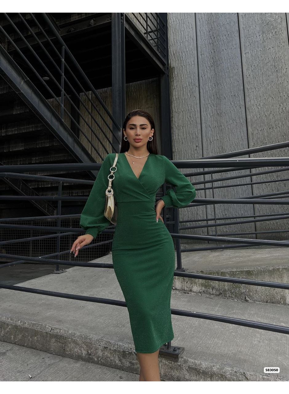 Kadın Kruvaze Yaka Balon Kol Simli Krep Kumaş Midi Boy Elbise