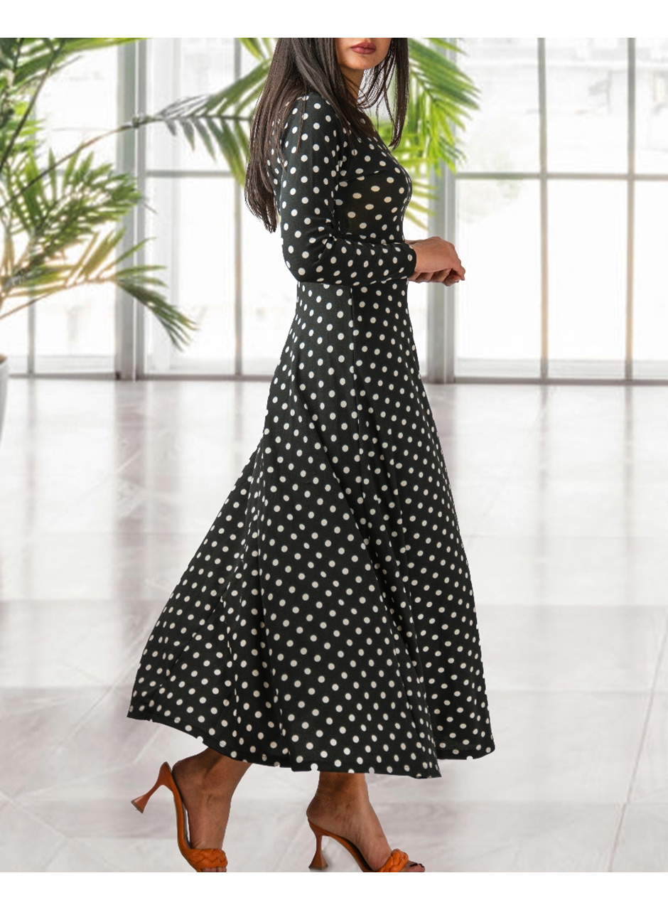 Kadın Krep Kumaş Uzun Kollu Tam Boy Puantiyeli Elbise 132 Cm