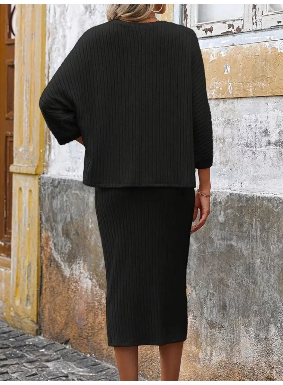 Kadın Uzun Kollu Yuvarlak Yakalı şardonlu Kaşkorse Bluz Ve Etek Ikili Takım