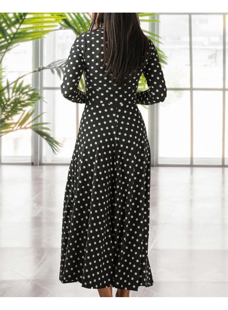 Kadın Krep Kumaş Uzun Kollu Tam Boy Puantiyeli Elbise 132 Cm