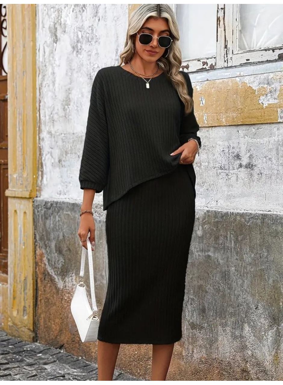 Kadın Uzun Kollu Yuvarlak Yakalı şardonlu Kaşkorse Bluz Ve Etek Ikili Takım