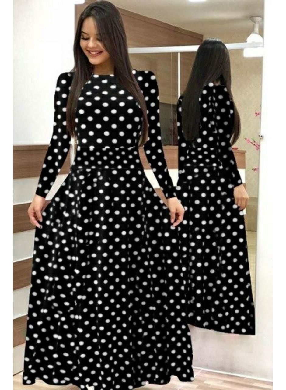 Kadın Krep Kumaş Uzun Kollu Tam Boy Puantiyeli Elbise 132 Cm