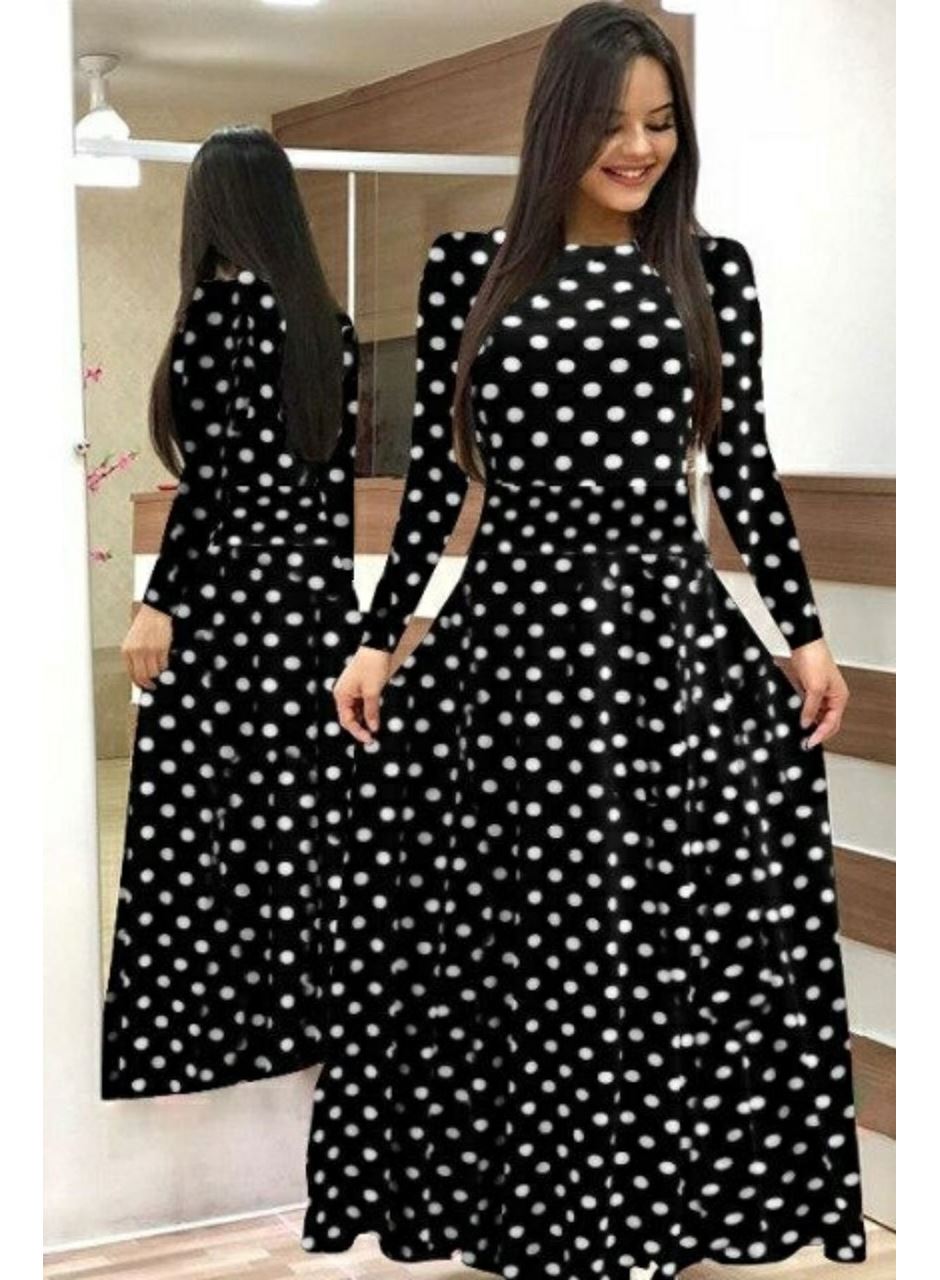 Kadın Krep Kumaş Uzun Kollu Tam Boy Puantiyeli Elbise 132 Cm