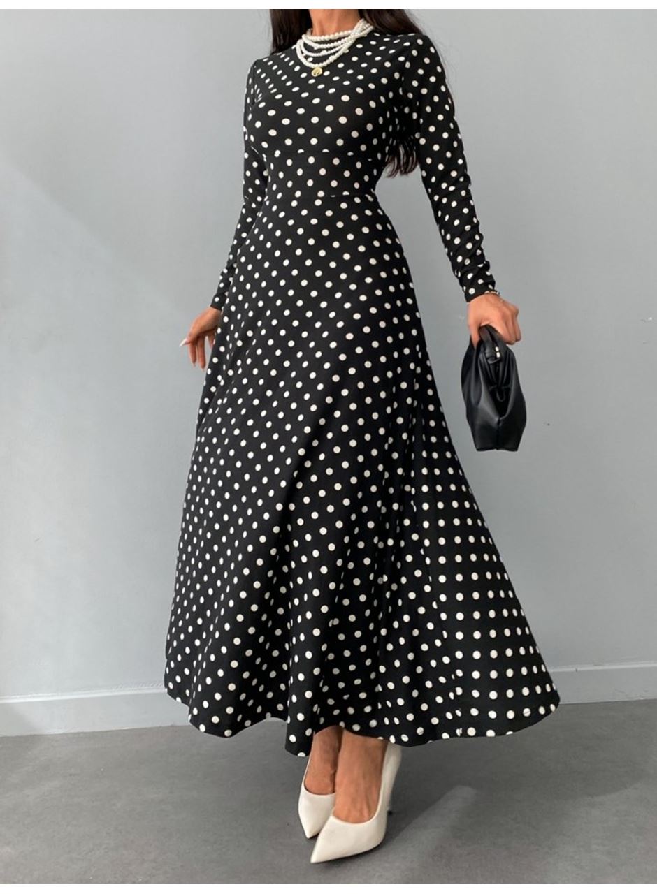 Kadın Krep Kumaş Uzun Kollu Tam Boy Puantiyeli Elbise 132 Cm