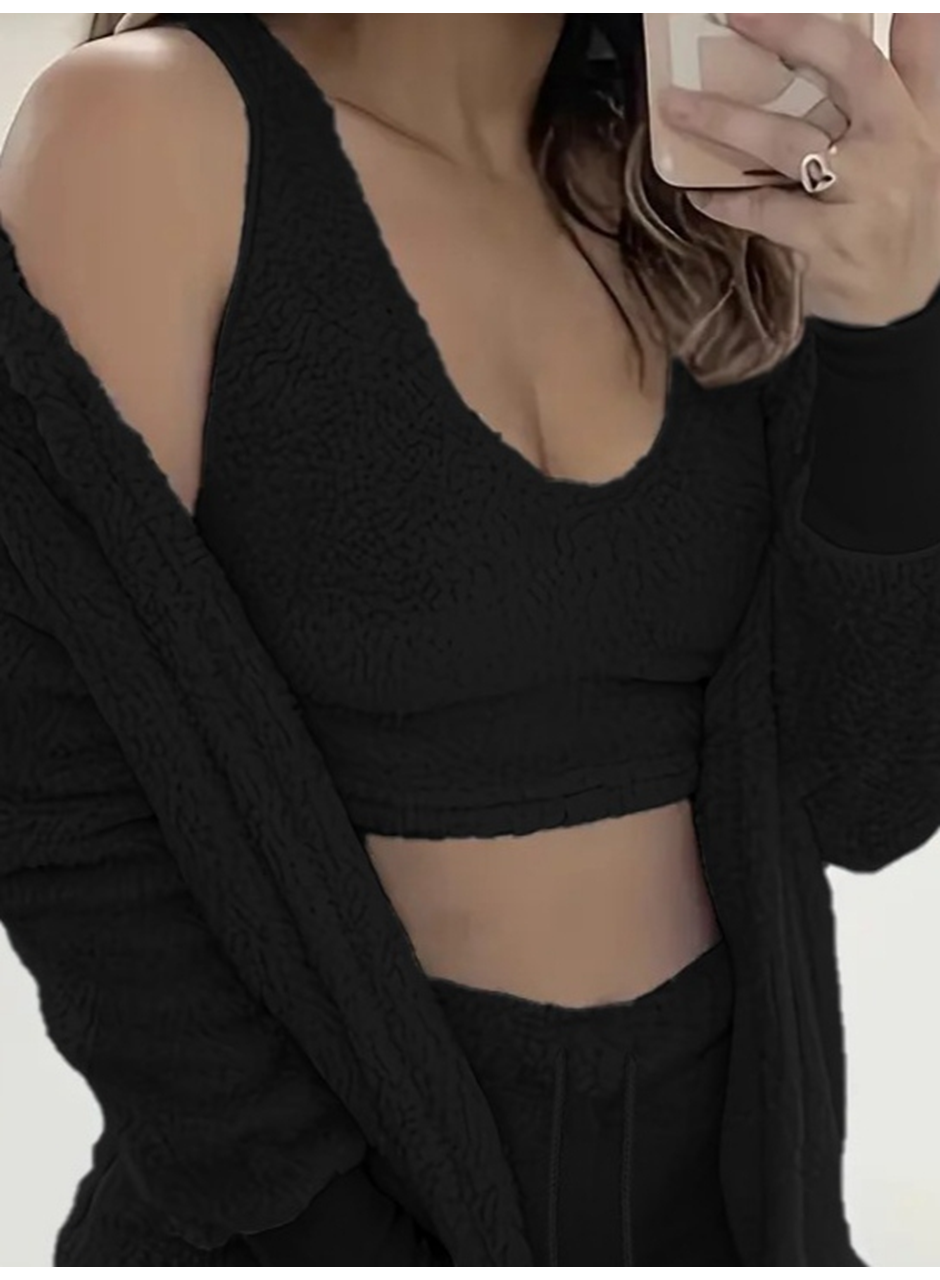 Kadın Uzun Kollu Ceket, Askılı Peluş Bluz Ve şort üçlü Takım