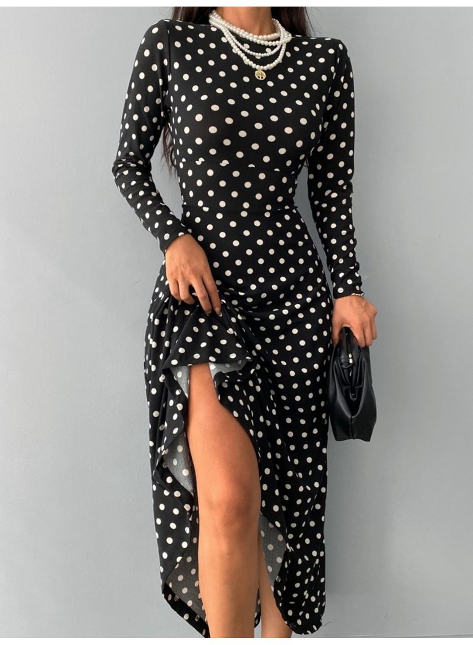 Kadın Krep Kumaş Uzun Kollu Tam Boy Puantiyeli Elbise 132 Cm