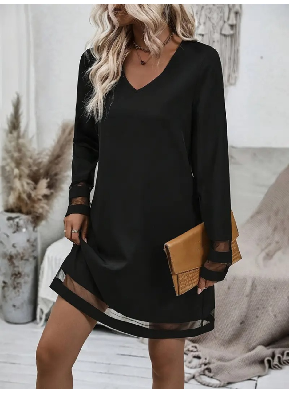 Kadın Uzun Kollu V Yakalı şeritli Tül Detaylı Ithal Krep Elbise