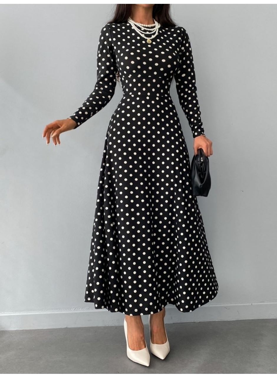 Kadın Krep Kumaş Uzun Kollu Tam Boy Puantiyeli Elbise 132 Cm