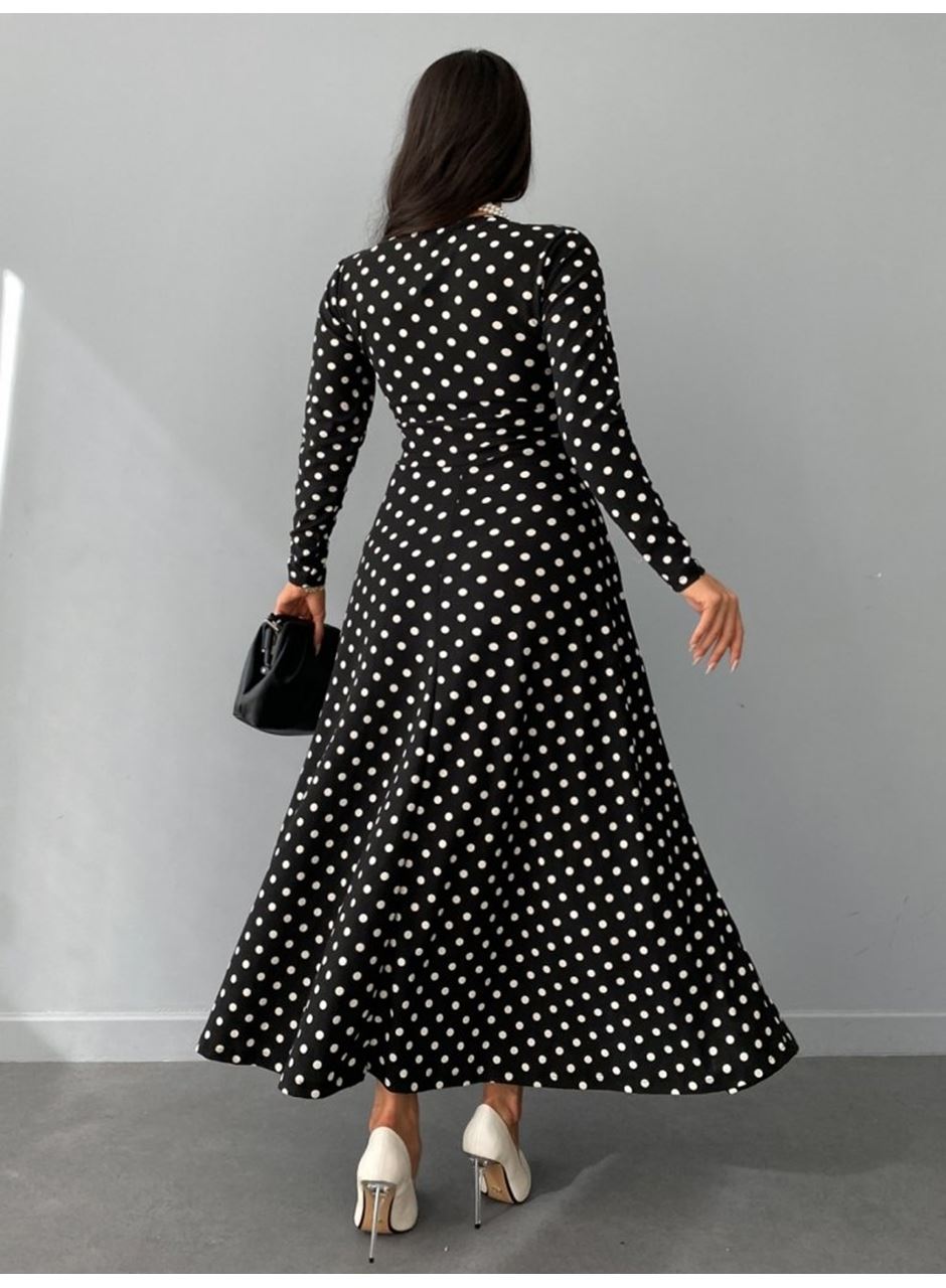 Kadın Krep Kumaş Uzun Kollu Tam Boy Puantiyeli Elbise 132 Cm