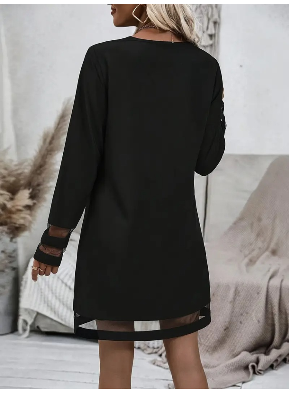 Kadın Uzun Kollu V Yakalı şeritli Tül Detaylı Ithal Krep Elbise