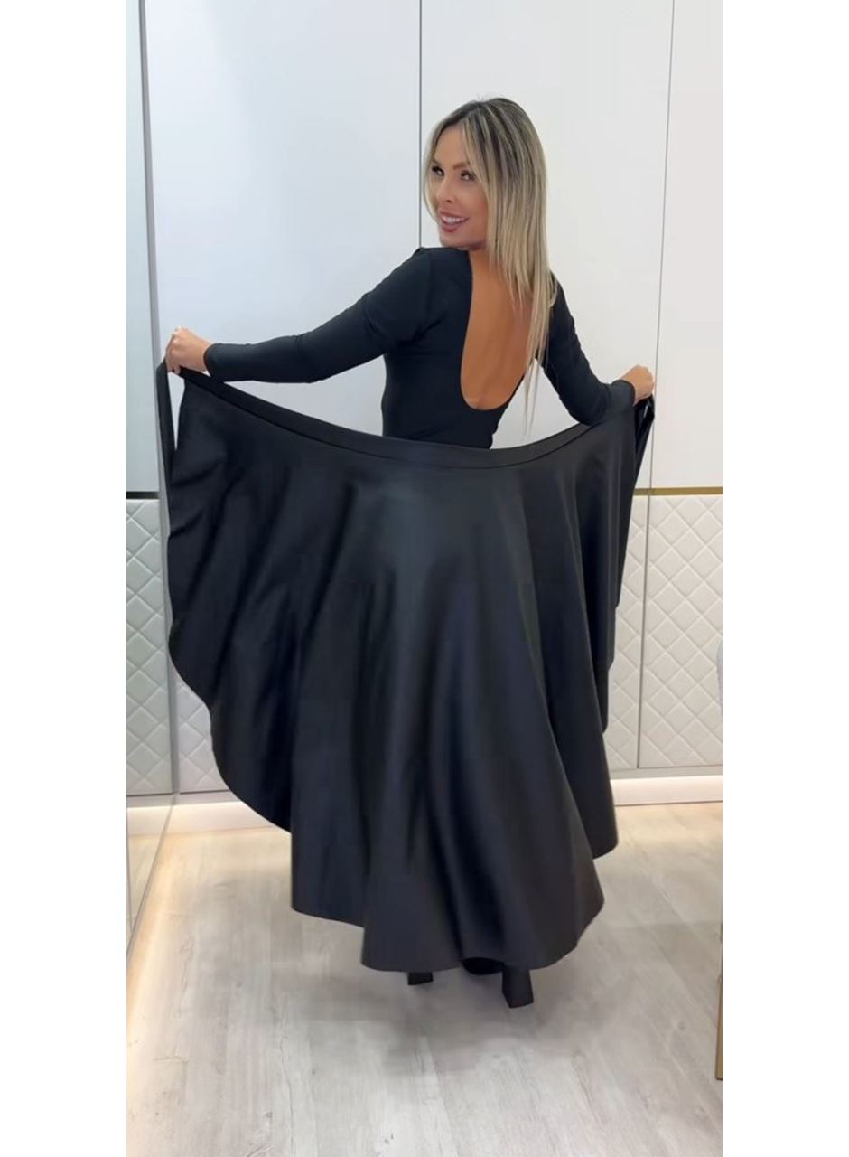 Kadın Belden Kuşaklı Uzun Deri Etek