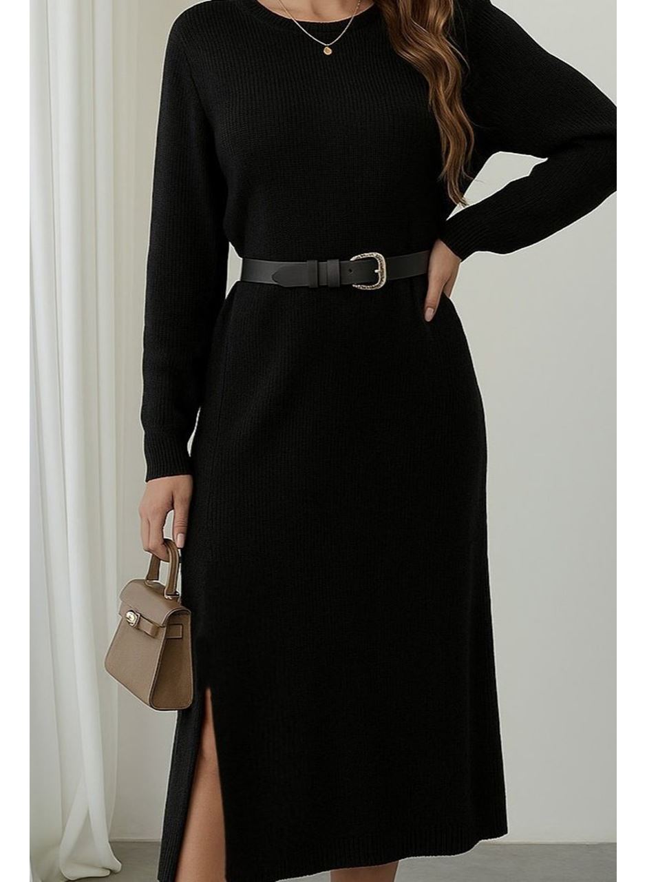 Kadın Uzun Kollu Bisiklet Yaka Yandan Yırtmaçlı Midi Triko Elbise