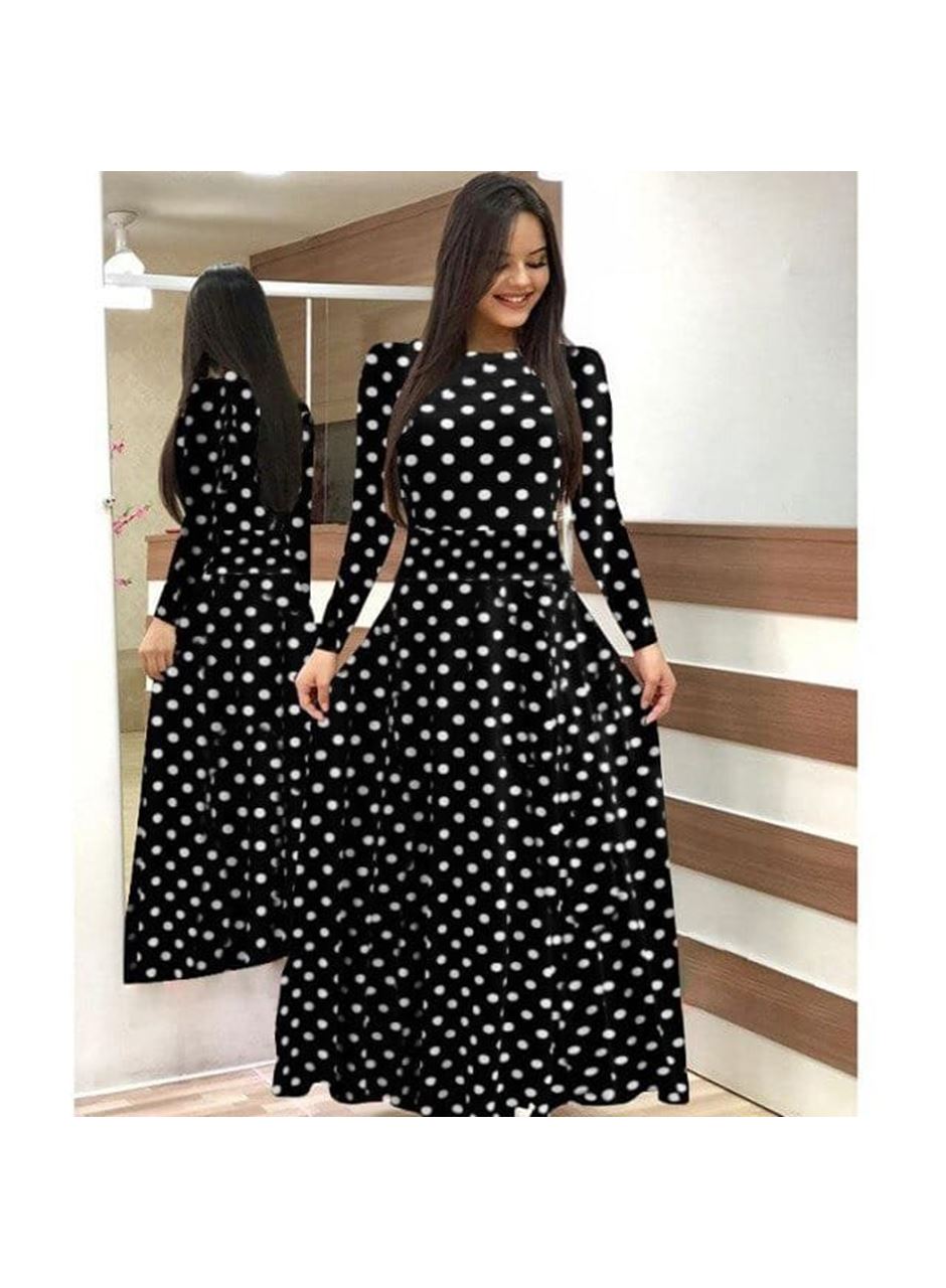 Kadın Krep Kumaş Uzun Kollu Tam Boy Puantiyeli Elbise 132 Cm