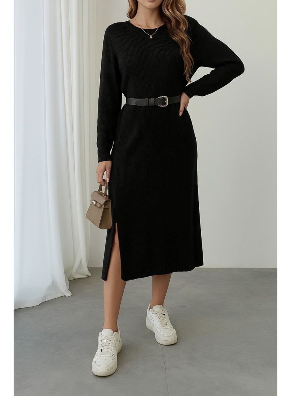 Kadın Uzun Kollu Bisiklet Yaka Yandan Yırtmaçlı Midi Triko Elbise